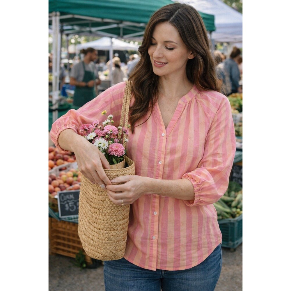 St John’s Bay XL Pink Stripe Boho Blouse Cotton Rayon Puff Elastic Sleeve